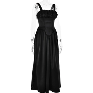 Detail of elegant black satin slip dress with pleated bust and high waist A-line silhouette