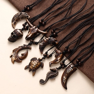 Tribal Ethnic Pendant Necklace Resin Faux Bone Maori Fish Hook Animal Totem Vintage Adjustable Wax Cord Jewelry Unisex