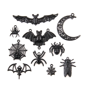 Black Zinc Alloy Charms Halloween Gothic DIY Jewelry Making Pendants Spider Bat Moon Cicada Hollow Design