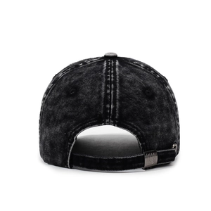 Vintage black washed cotton baseball cap with adjustable metal buckle and gothic engraving