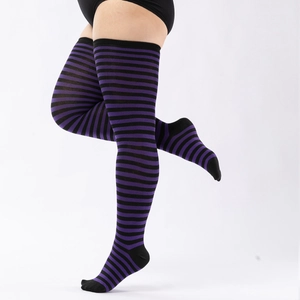 Detailed knit texture of purple and black striped plus size over-knee stockings on model