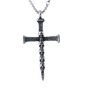 Detail of Gothic skull cross pendant with Deathly engraving in antique silver finish