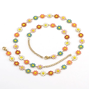 18K gold stainless steel jewelry set with colorful enamel daisy pendants for women