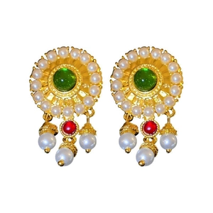 Vintage gold earrings with green gemstones, white pearls and red crystal pendants