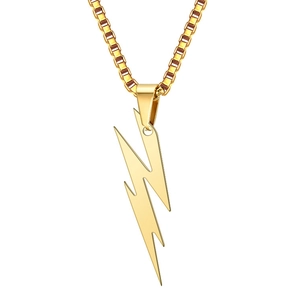Polished gold stainless steel lightning bolt pendant necklace with box chain for men