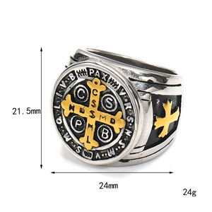 Vintage St. Benedict steel ring with gold cross relief, size 21.5mm x 24mm