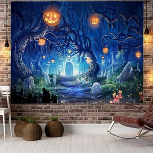 Halloween 3D fantasy forest tapestry with glowing pumpkins for home wall decor