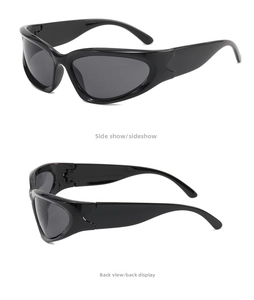 Y2K silver wrap sunglasses showing side and back views for high-fashion street style