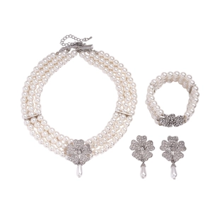 Baroque multilayer pearl jewelry set with sparkling floral rhinestones and teardrops