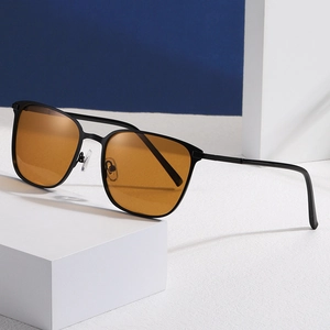 Polarized brown lens vintage square sunglasses with a classic black metal frame for men and women