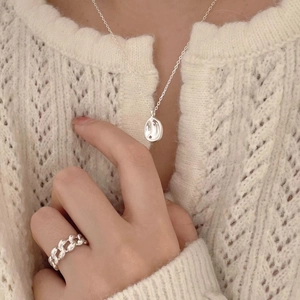 Minimalist 925 sterling silver drop necklace and chunky chain ring set on model