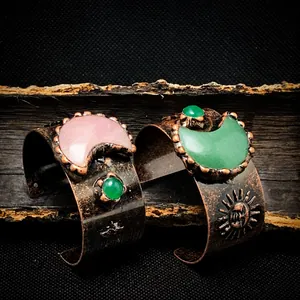 Retro Sonne Mond Sterne Manschettenarmband Natur Rosenquarz Aventurin Eingelegt Vintage Bronze Verstellbarer Armreif