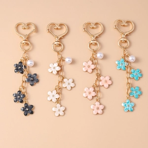 Cherry Blossom Flower Keychain Alloy Enamel Sakura Bag Charm With Faux Artificial Pearl And Heart Buckle Sweet Cute Accessory