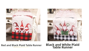 Close-up of Christmas gnome table runners with red and black buffalo plaid patterns
