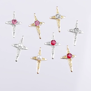 Cross star nail art charms with colorful rhinestones and pearls on gold and silver bases