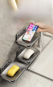 Wall-mounted space aluminum soap holder with multi-tier drainage and phone shelf detail