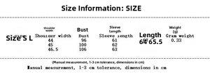 Detailed size chart for printed long sleeve cotton jacket showing measurements in cm
