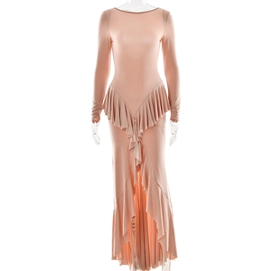 Detail view of pink long sleeve dress with ruffled hem and slim fit elastic fabric