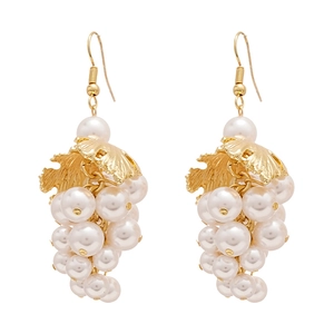 Baroque grape pearl tassel earrings with golden leaf design and vintage aesthetic