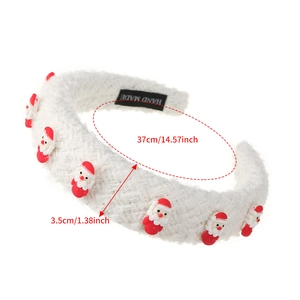 Detail of white wool headband featuring festive Santa Claus resin charms and dimensions