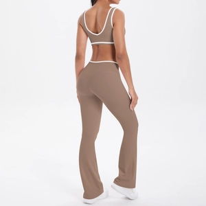 Back view of high-waist flared yoga pants and racerback sports bra set in mocha brown