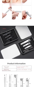Detailed specs of stainless steel nail clipper set in aluminum box showing sizes and weight