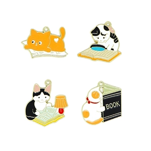 Cute cat reading book enamel charms set in orange, white and black for DIY accessories