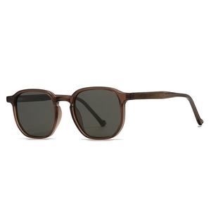 Retro translucent brown polarized sunglasses with square frames and detailed temple engraving