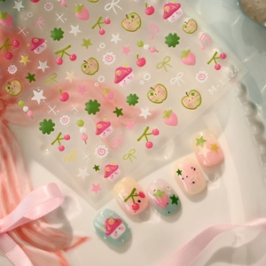 Autocollants à ongles motifs champignons et fruits avec fraises, cerises et pommes