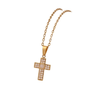 Gold stainless steel cross necklace with micro-paved zircons and center round bead
