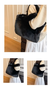 Close-up of fluffy black faux fur tote bag showing soft texture and large capacity