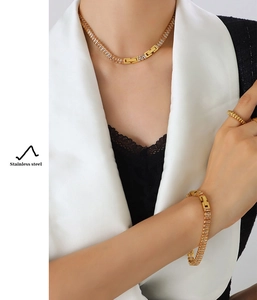 Detail view of gold stainless steel jewelry set featuring rectangle links and zircon stones