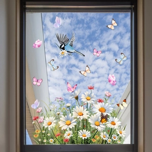 Detail of floral window stickers with daisies and butterflies on transparent glass