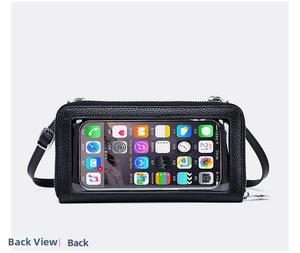 Detail of cross-body phone bag featuring high-transparency TPU touch screen window