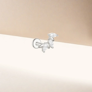 Close-up of S925 sterling silver flat back earring with three marquise-cut zircons
