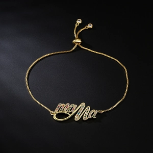 Adjustable golden MAMA bracelet with colorful zircons and pull-style box chain