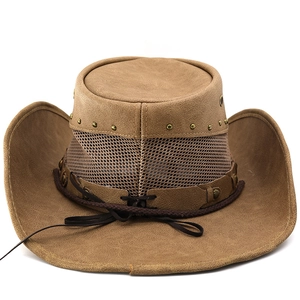 Brown western cowboy hat with breathable mesh crown and retro rivet trim on wide brim
