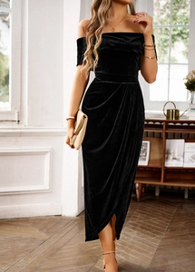 Elegant black velvet off-shoulder long dress with side slit and draped detail