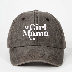 Close-up of Girl Mama print on dark grey washed cotton adjustable baseball cap