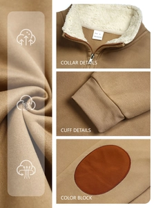 Detail shots of half-zip fleece sweatshirt with elbow patches and soft sherpa collar