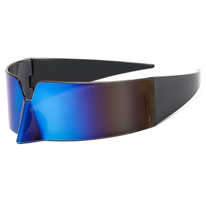Futuristic wrap around shield sunglasses with blue purple gradient mirror lenses