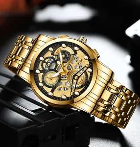 Macro detail of men's gold watch with skeleton dial and precise mechanical gears