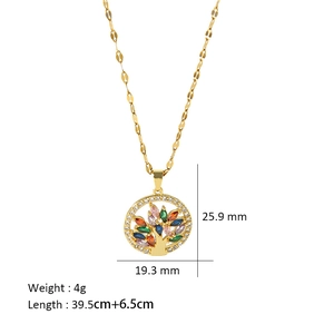 Detailed view of Tree of Life necklace with colorful zircon leaves and product dimensions