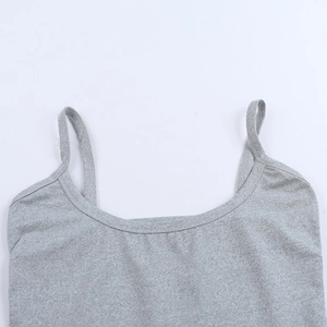 Close-up of grey knit camisole neckline with dual shoulder straps and fabric texture