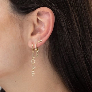 Three-piece gold earrings set featuring LOVE letter drops and key charms for women