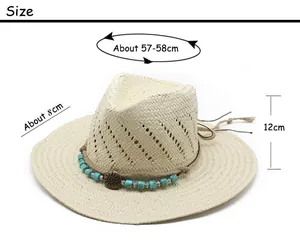 Size chart for hand-woven straw jazz hat showing 57-58cm head circumference and 8cm brim