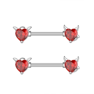 Piercing capezzolo argento con cuori rossi, ali d'angelo e corna da diavolo, set da due