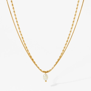 Double-layered gold stainless steel necklace featuring a natural pearl pendant on white background