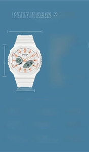 Detailed specs of waterproof white sport watch with 45mm case and dual display functionality