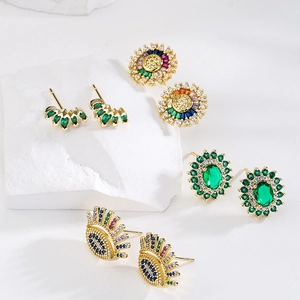 Geometric Copper Stud Earrings With Copper Earring Post 18K Gold Plated Colorful Micro Inlaid Zircon Retro Jewelry